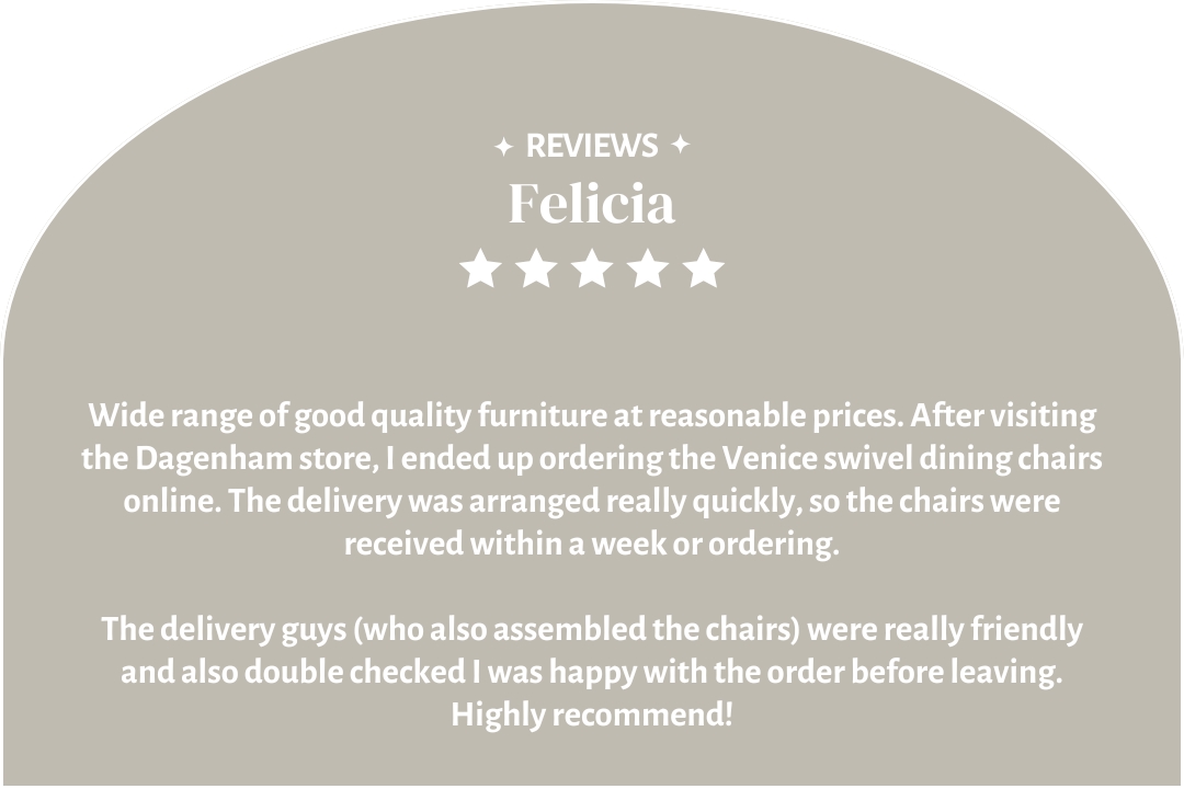 5-star customer review by Felicia: "The delivery guys were really friendly. Highly recommend!"